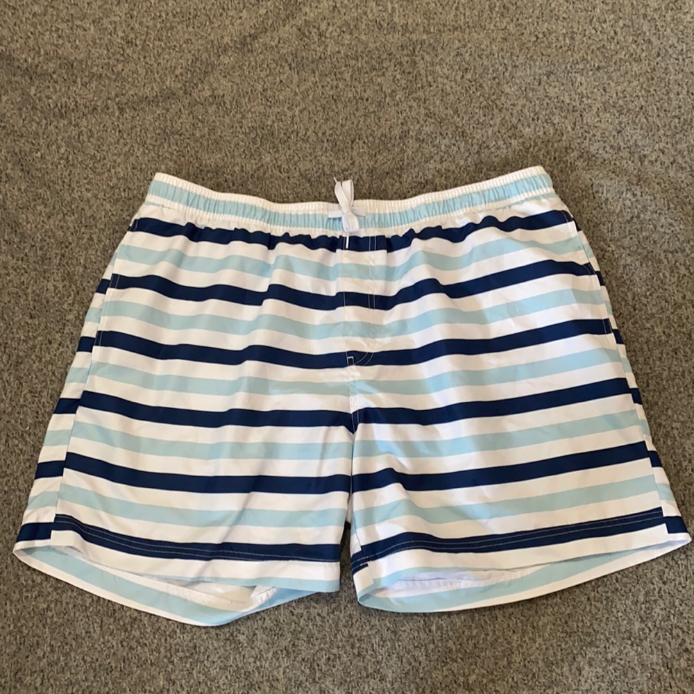 1901 Blue & White Striped Swim Trunks